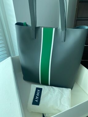 Away Longitute Leather Tote with Green and White Center Stripe - NEW!